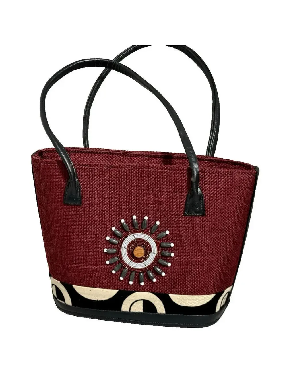Unique Boho Beaded Jute Tote Bag Multicolor Leather Beach Resort Shoulder Purse